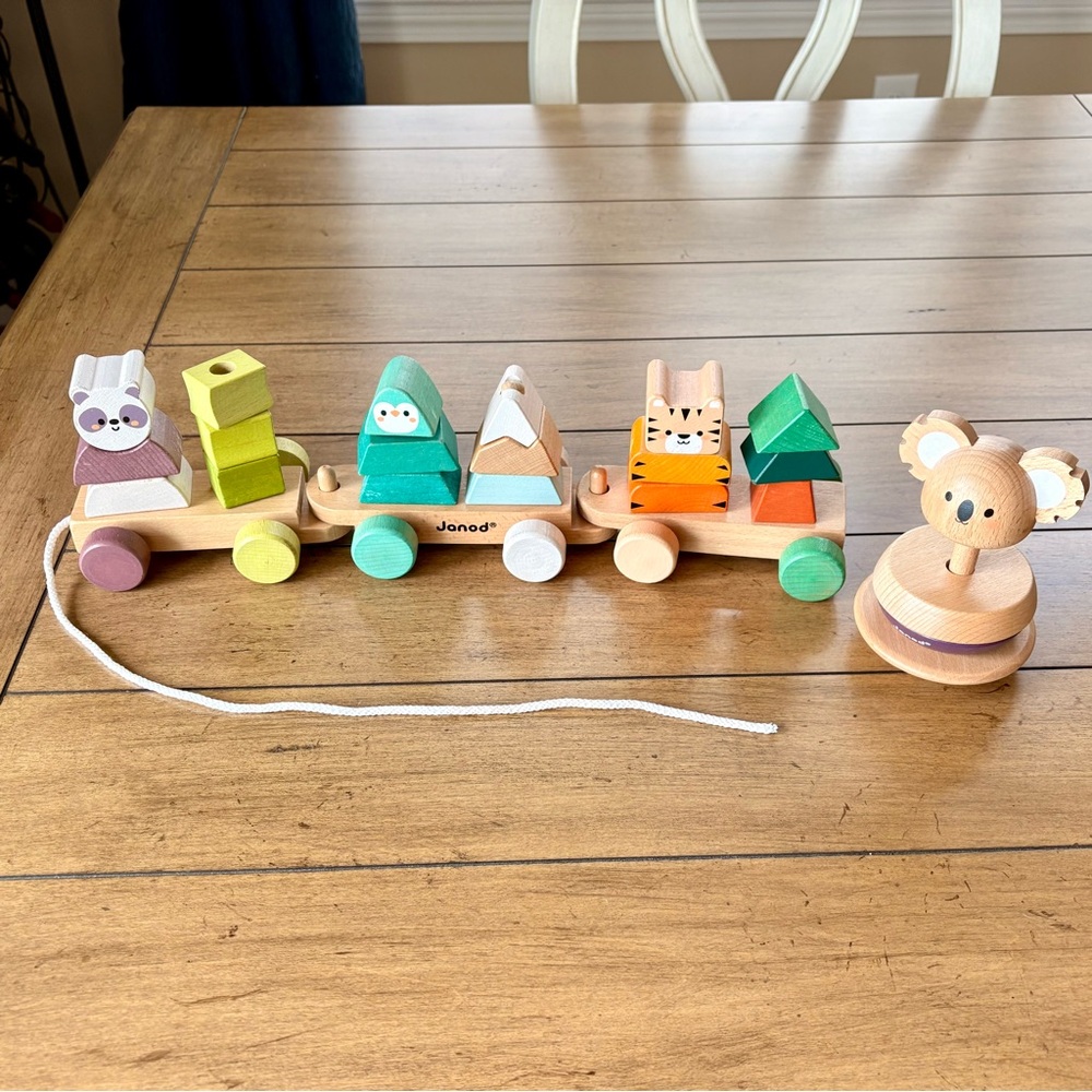 Janod The Animals’ Cakewalk Wooden Baby Pull Toy Train w/ Stacking Pieces
